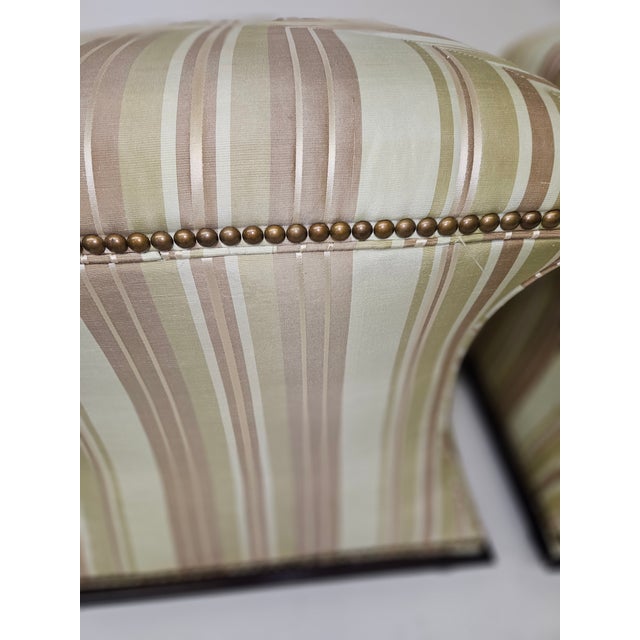 1980s Square Silk Taffeta Upolstered Stools or Ottomans With Nailhead Trim on Tiny Bunn Feet - A Pair For Sale - Image 5 of 5