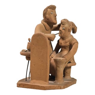 Vintage Brazilian Folk Art Sculpture of Dentist and Patient by Joāo Vitalino, Signed For Sale