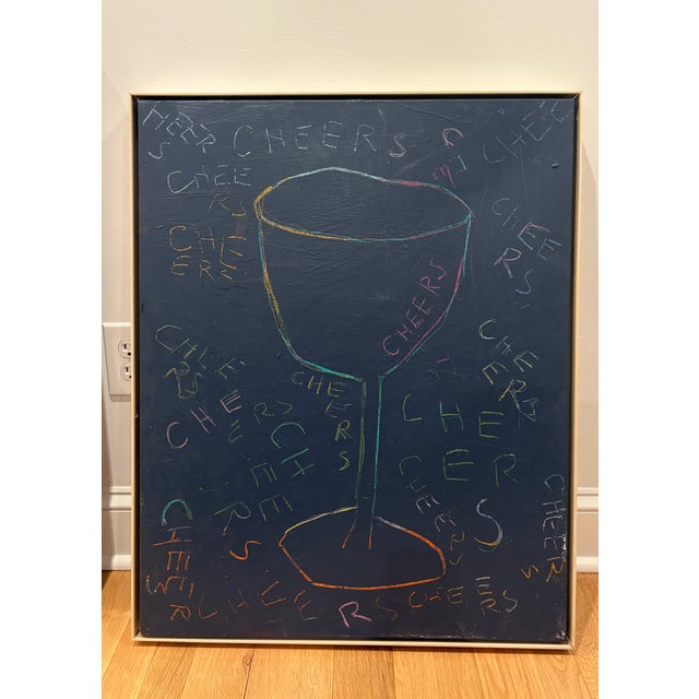 Playful wineglass and "Cheers" letting on a deep dark blue, almost black, background. Acrylic on deep profile canvas. 30 x...