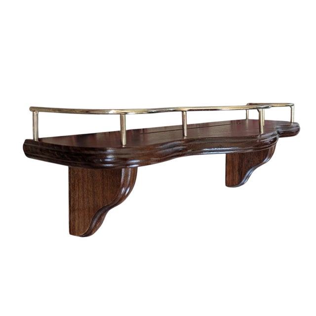 Vintage Wooden Wall Shelf With Brass Railing For Sale In Charlotte - Image 6 of 14