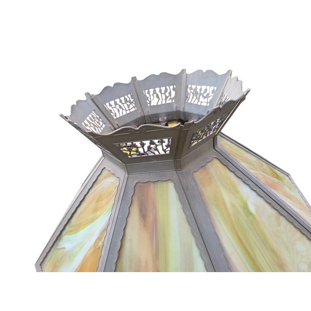 1920s Antique Lamp Shade Green Slag Glass Hanging Light Chandelier Sarama For Sale - Image 5 of 18