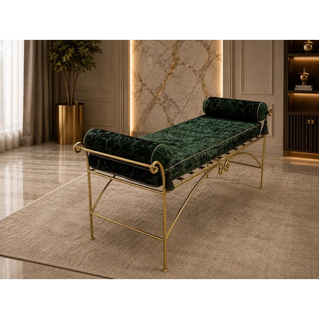 Late 20th Century Vintage Hollywood Regency-Style Emerald Green Velvet and Gold-Tone Metal Bench For Sale - Image 5 of 7