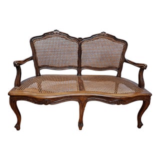 French Caned Carved Walnut Bench For Sale