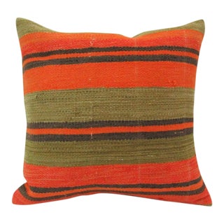 Handmade Orange and Black Striped Turkish Kilim Pillow Cover For Sale