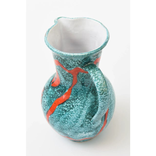 Vintage Abstract Ceramic Pitcher With Handle Turquoise, Teal Turquoise, Orange, White, Italy For Sale In Miami - Image 6 of 9