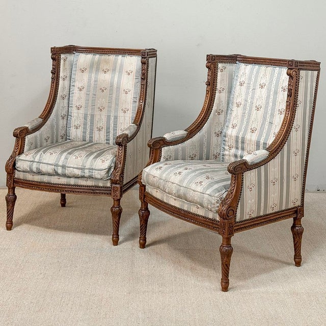 Pair 19th Century French Louis XVI Walnut Bergères ~ Armchairs For Sale - Image 4 of 17