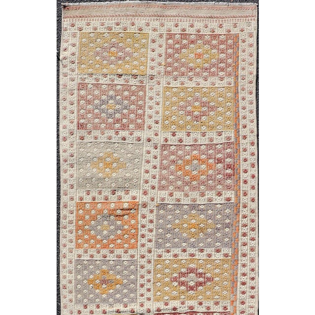 Mid 20th Century Vintage Turkish Kilim Runner With Checker Medallions in Soft Pastel Tones For Sale - Image 5 of 11