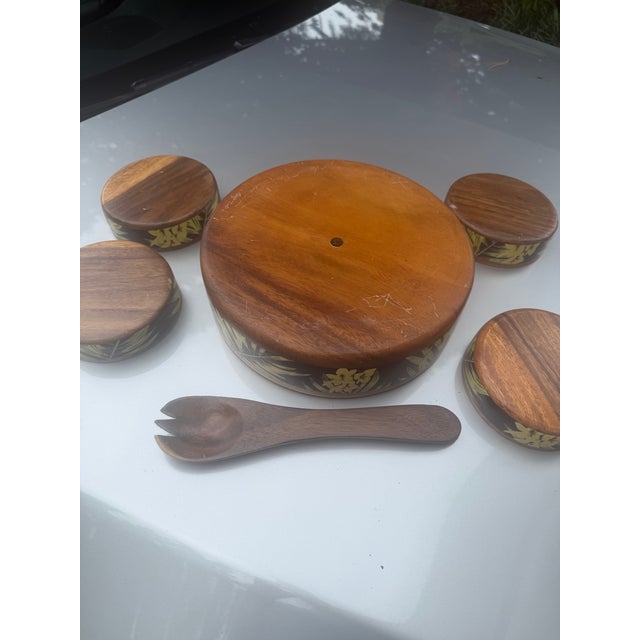 Late 20th Century Vintage Handcrafted Wooden Black Lacquer & Bamboo Salad Serving Set - 6 pcs For Sale - Image 5 of 12