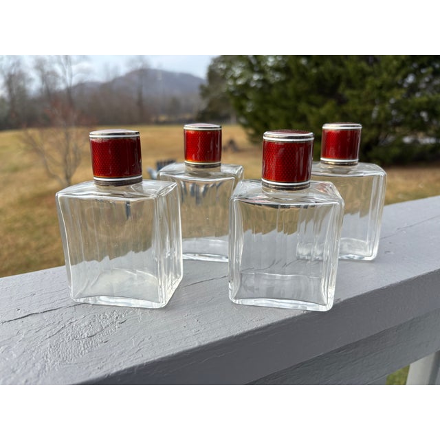 Art Deco 19th C. Red Guilloche Enamel, Sterling and Crystal Vessels - Set of Four Large Fragrance Bottles For Sale - Image 3 of 10