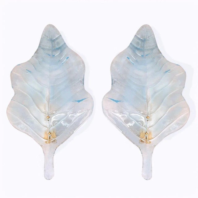 1980s 1980s Large Blue Murano Glass Leaf Sconces - A Pair For Sale - Image 5 of 10
