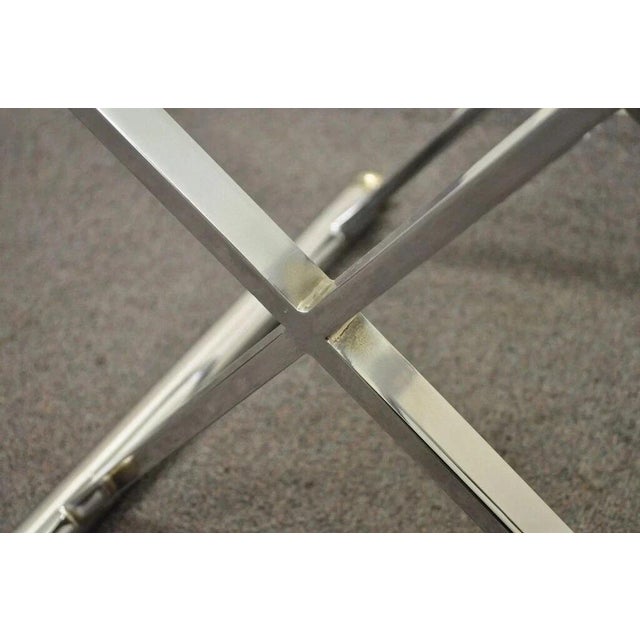 Metal Mid Century Modern Hollywood Regency Chrome Brass Glass X Form Side Table - Pair For Sale - Image 7 of 12