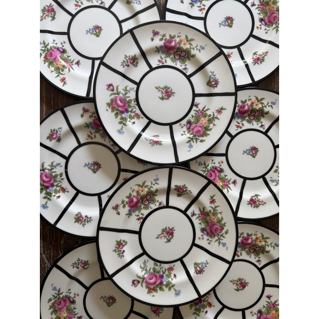 Art Deco 1910s Crown Staffordshire Fine Bone China Salad Plates Black Art Deco Bands With Floral Bouquets – Made in England -Set of Ten For Sale - Image 3 of 9
