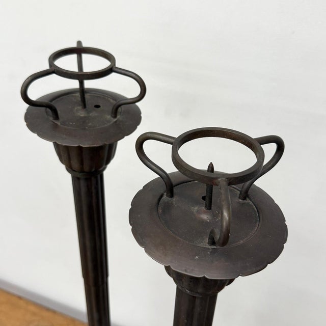 Tall Metal Candle Holders with Petal Base Design - A Pair For Sale - Image 4 of 8