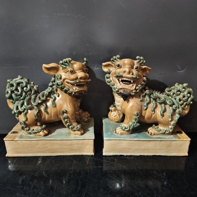 Vintage Shiwan Kiln Amber Glazed Foo Dogs on Pedestals - A Pair For Sale - Image 4 of 9