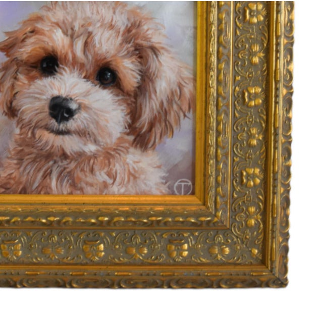 Contemporary portrait pet painting on an artist's panel of a charming Maltipoo puppy dog. The talented artist Olia Tomkova...