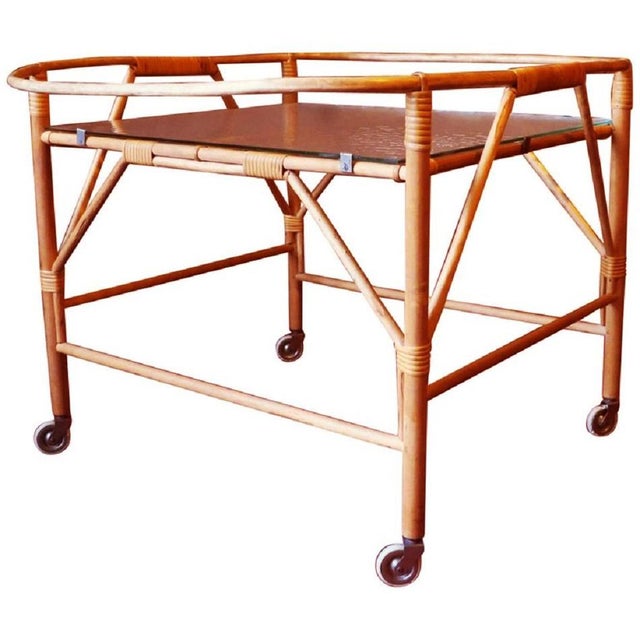 Tan Fine Serving Trolley in Bamboo and Frosted Glass, 1950s For Sale - Image 8 of 8