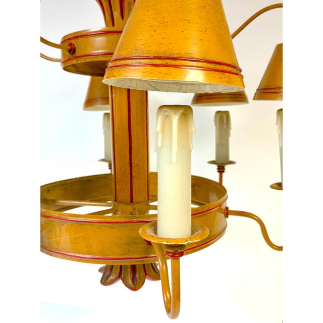 Mid 20th Century Hollywood Regency Ochre Japanned Faux Bamboo Tole Six-Light Chandelier For Sale - Image 16 of 18