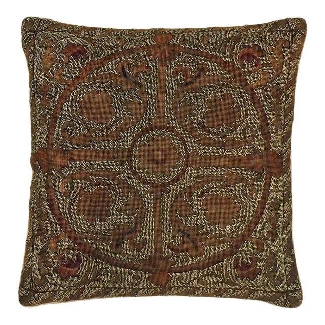 Transitional Beige & Gold Linen Throw Pillow For Sale