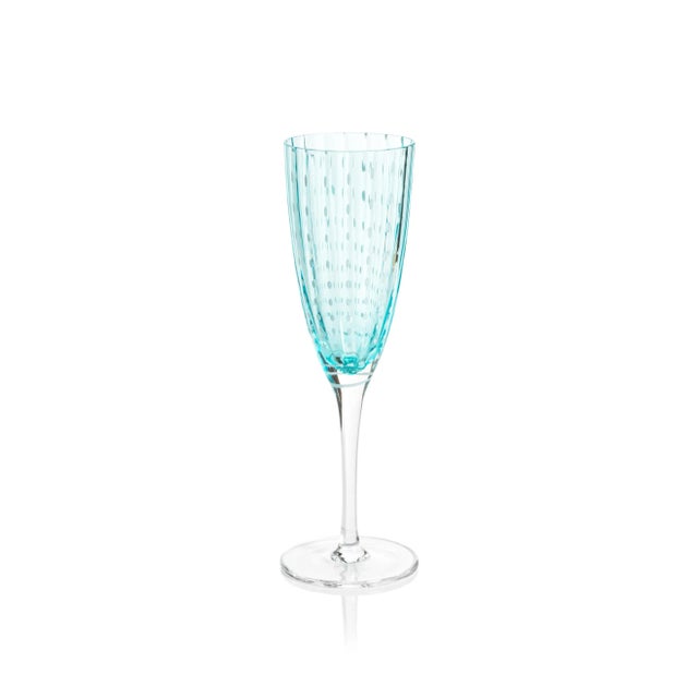 Transitional Pescara White Dot Champagne Flutes - Aqua Blue, Set of 4 For Sale - Image 3 of 4