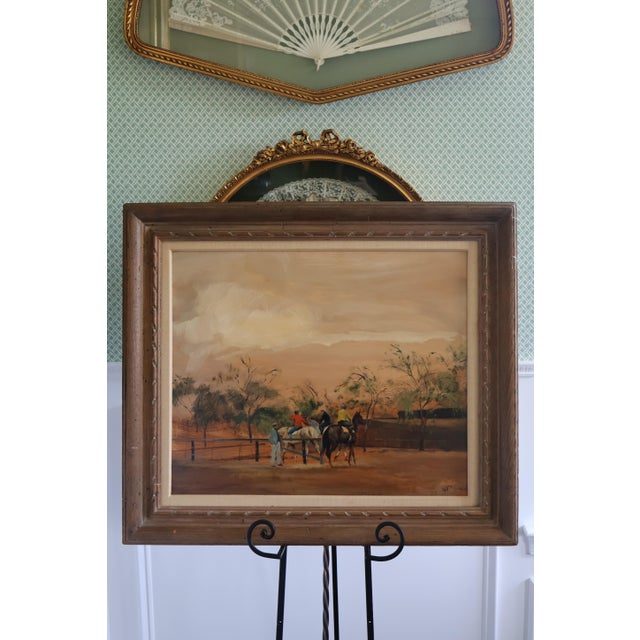 An evocative circa-1967 thoroughbred paddock painting by distinguished American contemporary realist Charles Apt, signed...
