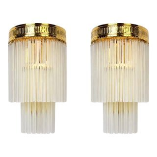 1980s Custom Brass & Vintage Milk Glass Two-Tier Sconces - a Pair For Sale