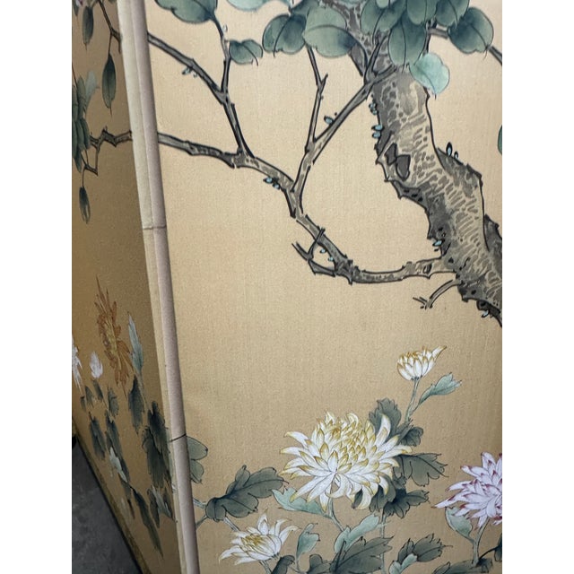 Mid 20th Century Japanese Four-Panel Hand-Painted Silk Byōbu Screen With Birds & Blossoms For Sale - Image 11 of 11