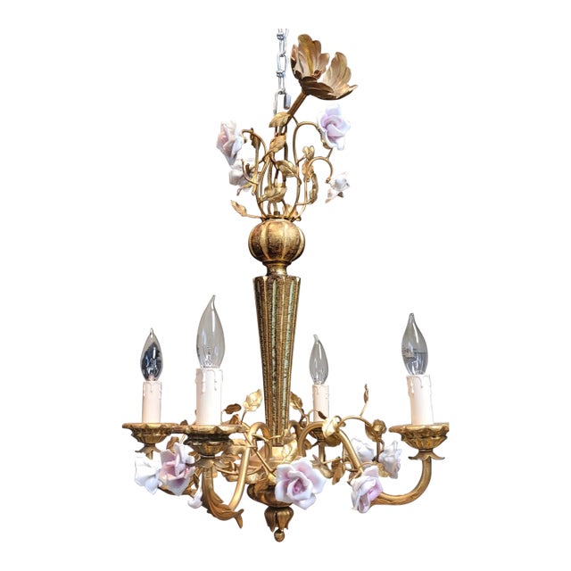 Italian Gilt Wood & Porcelain Roses Chandelier For Sale