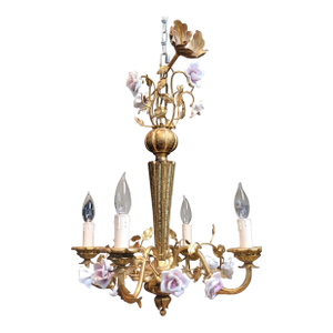 Italian Gilt Wood & Porcelain Roses Chandelier