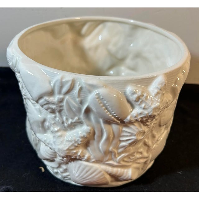 Vintage Italian Grotto Style Shell Form Glazed White Pottery Planter For Sale - Image 4 of 7