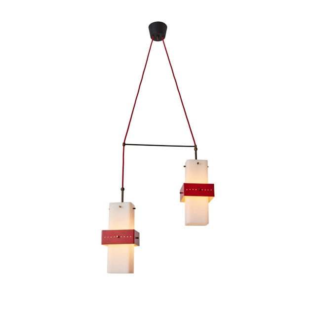 1950s Stilnovo red metal & opaline glass suspension lamp. A quintessentially 1950s Italian design executed in sculptural...