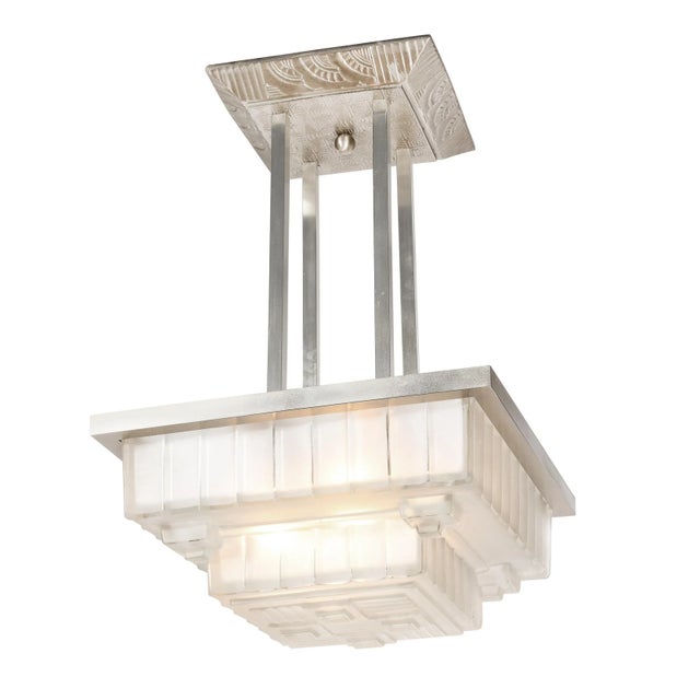 1930s Art Deco Chandelier in Skyscraper Frosted Glass & Silvered Bronze Signed Sabino For Sale - Image 13 of 13