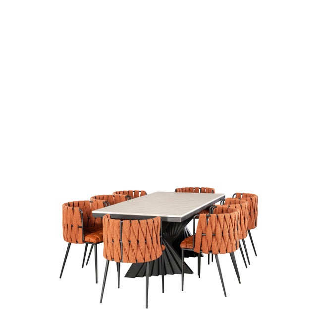 2020s Marble Top Waterfall Dining Set with Orange Chairs - Set of 9 For Sale - Image 5 of 8