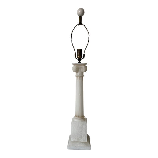 1960’s Italian Hollywood Regency Carved Alabaster Marble Column Table Lamp For Sale
