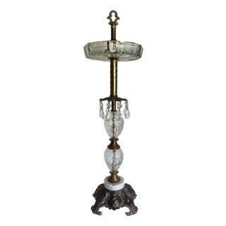 Hollywood Regency Brass & Cut Glass Ashtray Stand With Crystals and Marble Base For Sale