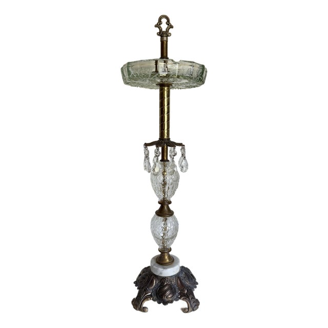 Hollywood Regency Brass & Cut Glass Ashtray Stand With Crystals and Marble Base For Sale