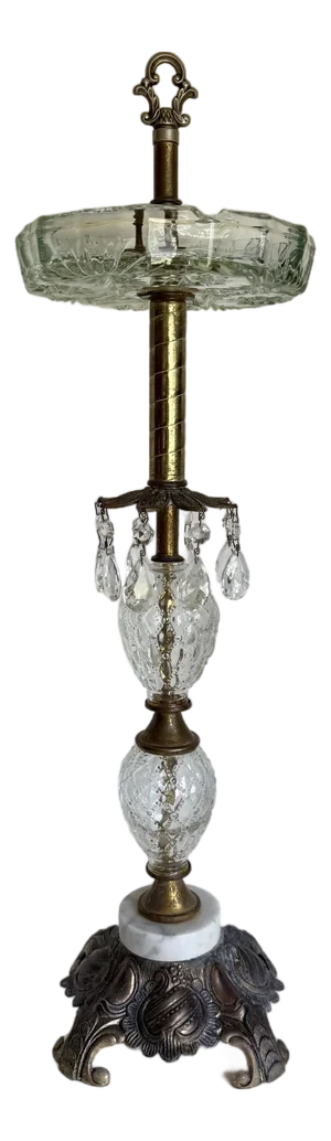 Hollywood Regency Brass & Cut Glass Ashtray Stand With Crystals and Marble Base