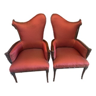 Early 20th Century Pair of Georgian-Style Carved Mahogany Wingback Armchairs For Sale