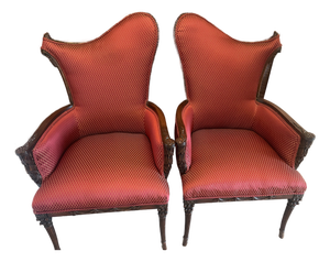 Early 20th Century Pair of Georgian-Style Carved Mahogany Wingback Armchairs