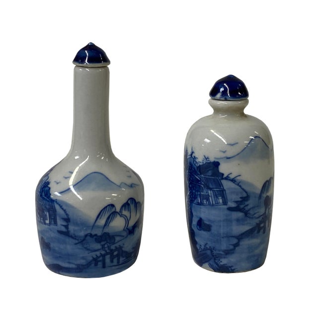2 X Chinese Porcelain Snuff Bottle Blue White Scenery Graphic For Sale - Image 4 of 5