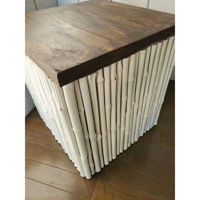 1980s bamboo clad side table with reclaimed wood top. Petite height makes it a perfect fit next to low mid-century modern...