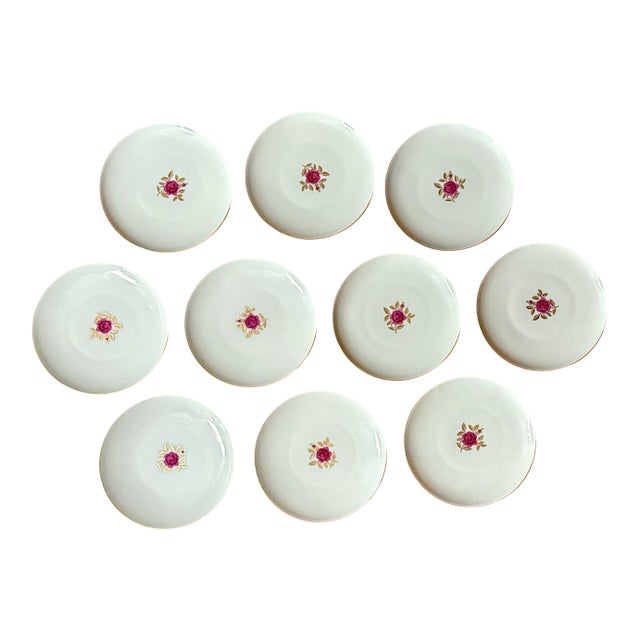 1970s Lenox Roselyn Plates – 6⅜”, Pink Rose & Gold Leaf, Set of 10 For Sale