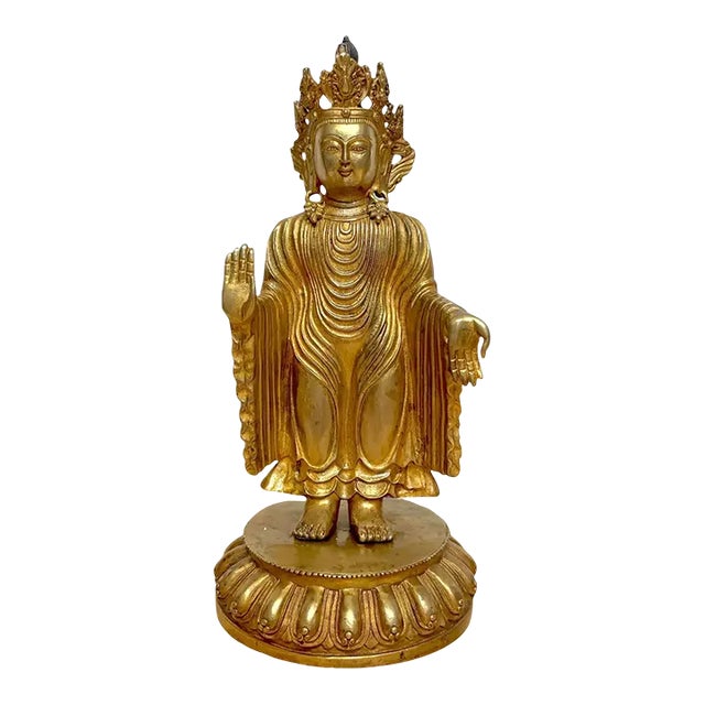 Tibetan Bronze Standing Gilt Bronze Buddha Offering Protection For Sale