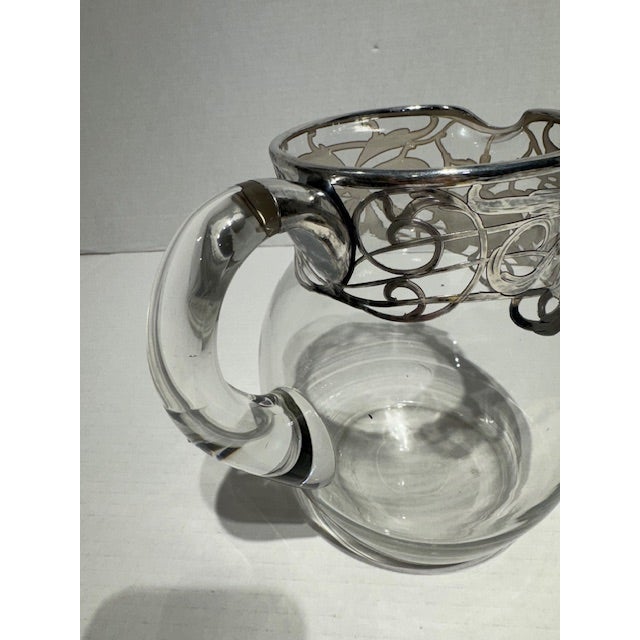 Antique Art Nouveau Silver Overlay Crystal Water Pitcher With Engraved Initials For Sale - Image 4 of 8