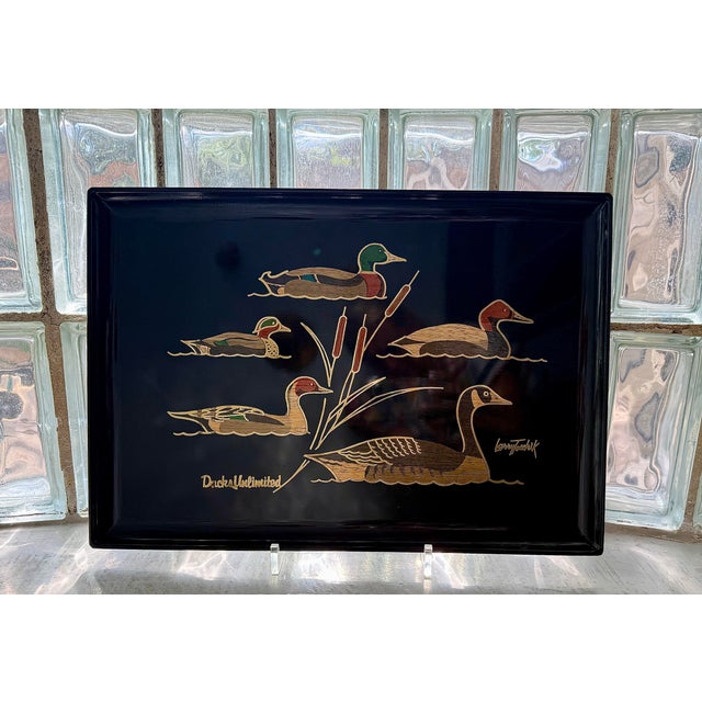 Wood Rare Classic Vintage Mid-Century Modern Couroc of Monterey, Ca ‘Ducks Unlimited’ Tray Designed by Larry Toschik With 5 Varieties of Coastal Ducks For Sale - Image 7 of 12