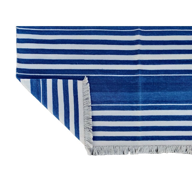 Casa Cosima Handmade Cotton Natural Vegetable Dyed Flat Weave Reversible Blue and White Striped Rug - 8'x10' For Sale - Image 4 of 11