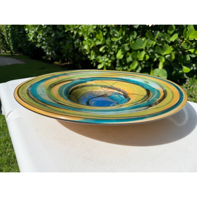 Vintage Handcrafted Art Glass Charger Bowl in Blue, Teal & Amber Swirl Glaze For Sale - Image 4 of 11