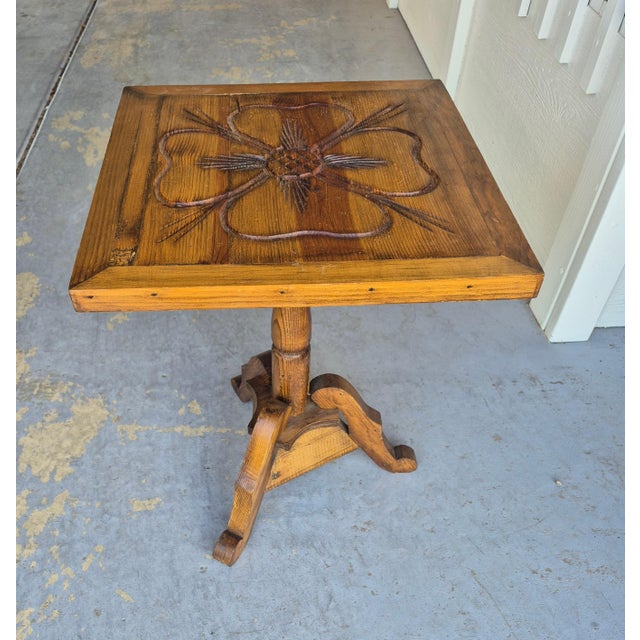 Folk Art Vintage Folk Art Hand-Carved Pine Pedestal Side Table With Thistle Design For Sale - Image 3 of 8