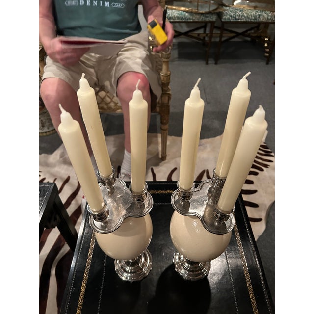 1970s Silver Plate & Ostrich Egg Candlesticks -a Pair For Sale - Image 5 of 11
