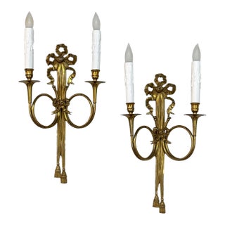 Pair Antique French Louis XVI Neoclassical Cast Brass Wall Sconces For Sale