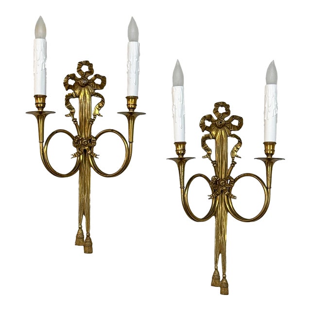 Pair Antique French Louis XVI Neoclassical Cast Brass Wall Sconces For Sale